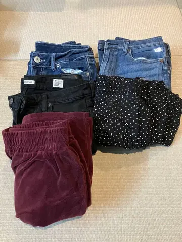 캐주얼 팬츠 세트 (데님 블랙 폴카 도트 버건디)