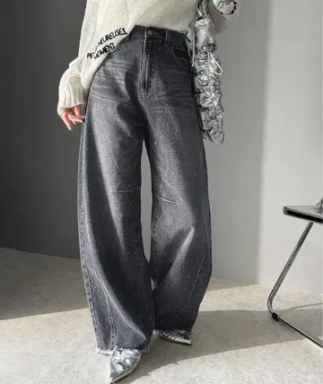 다크 그레이 와이드 레그 데님 스팽글