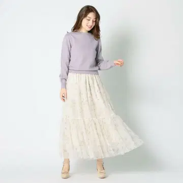 MISCH MASCH 선묘 꽃무늬 샤샤 스커트 베이지