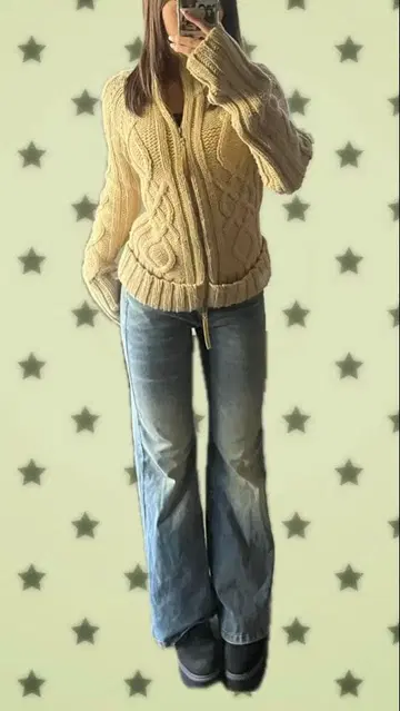 MNG 베이지 케이블 니트 스웨터 집업 M 사이즈 상당