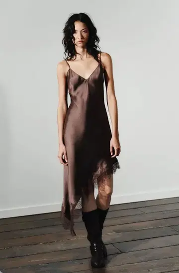 ZARA 자라 새틴 레이스 원피스 다크 브라운 XS