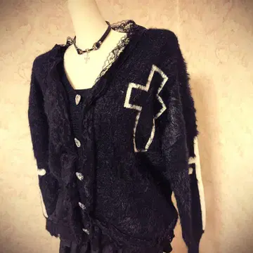 새상품급 헤이세이 갸루 블랙 퍼 가디건 십자가 모티브 Y2K