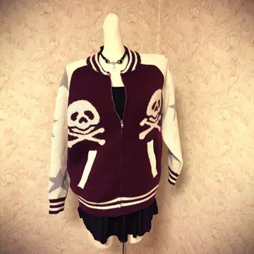 헤이세이 갸루 스컬 디자인 바시티 자켓 버건디 Y2K