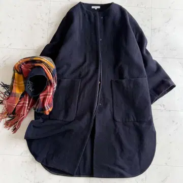 새상품급 yori 요리 울100% 노카라 롱 기장 코트 네이비