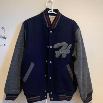 구제 의류 바시티 자켓 네이비와 그레이 울 가죽