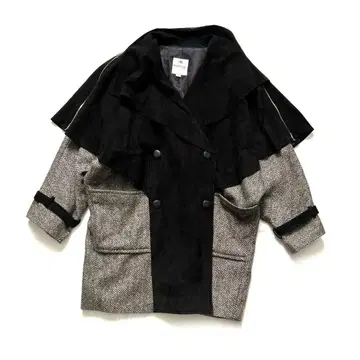 90s 빈티지 케이프 포함 울 코트 통비 코트 스웨이드 천연 가죽 판초