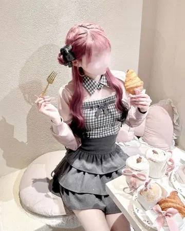 미셸 마카롱 리본 슬릿 깅엄 앙상블 상의 허니 뮤우 F