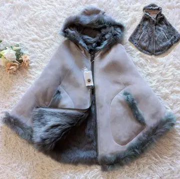 미사용 새상품 양가죽 리얼 무스탕 리버서블 판초 램 가죽 후드 그레이