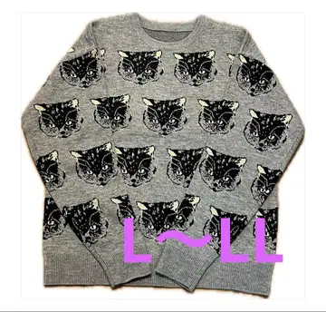 이자카야 매니아 스토어 고양이 패턴 니트 스웨터 그레이 L~LL 미사용