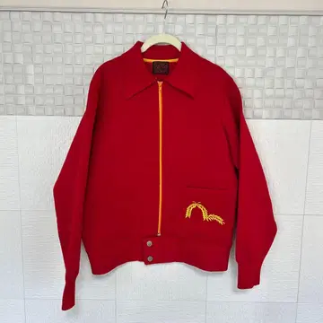 [레어 디자인] 빨간색 자수 집업 니트 자켓 일본풍 패턴 빅 실루엣