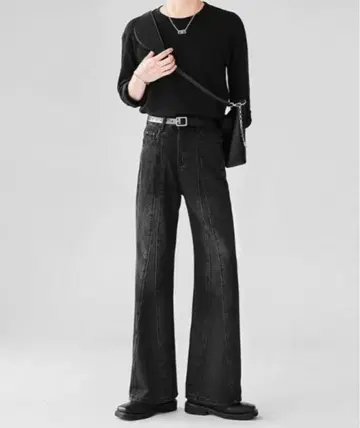 블랙 와이드 레그 데님 팬츠