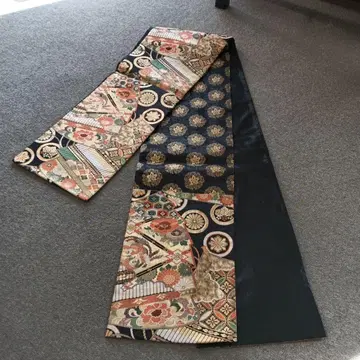경채금 후쿠로 오비 갑옷 위 화조 금실 박 블랙 육통 순수 실크 [중고]