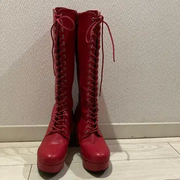 빨간색 레이스업 통굽 롱 부츠