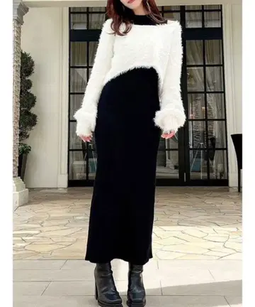 샤기 레이어드 리브 니트 원피스