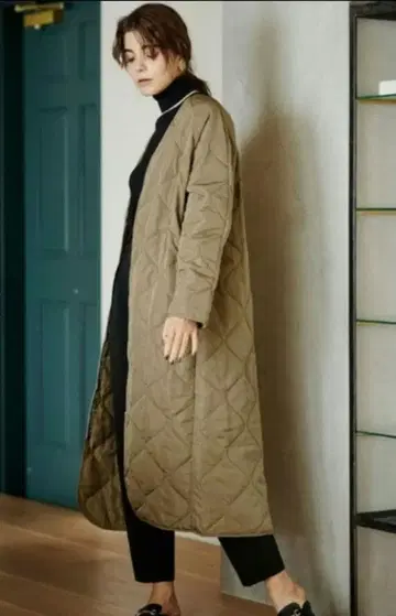카키 퀼팅 롱 자켓