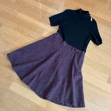 블랙 니트 적자색 트위드 스커트 원피스