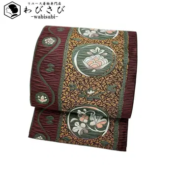 나고야 오비 원형 꽃무늬 꽃+덩굴 패턴 금빛 브라운 O-3925