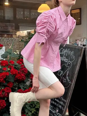 POPPY 핑크 스트라이프 퍼프 슬리브 셔츠