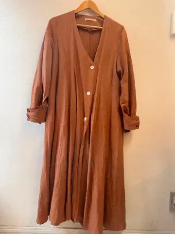 브라운 V넥 롱 셔츠 원피스