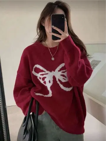 SHEIN 리본 무늬 와인 레드 니트 스웨터