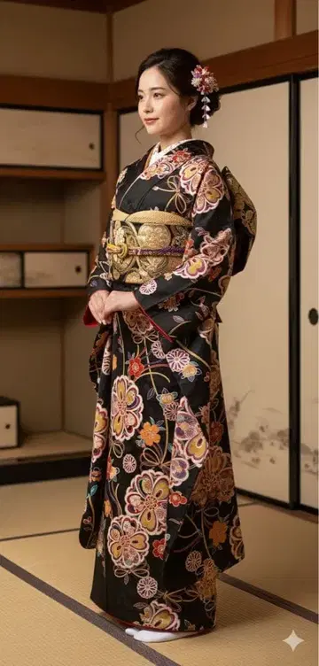 여성용 성인식 후리소데 기모노 후리소데 단품 꽃무늬 후리소데 블랙