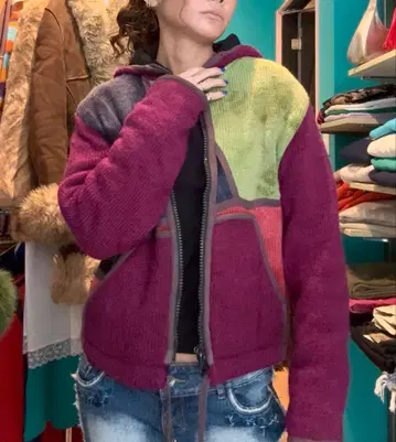 멀티 컬러 패치워크 니트 후드티