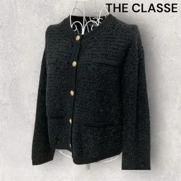 더 클래스 트위드 니트 가디건 골드 버튼 블랙