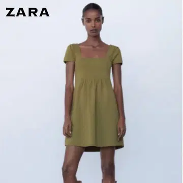 ZARA 자라 스퀘어넥 반팔 미니 원피스 A라인 올리브