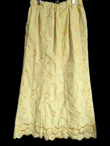 구제 의류 롱 스커트 밴딩 빈티지 꽃무늬 자수 옐로우 컬러 USA