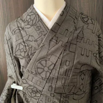 기모노 오시마 명주 브라운 기하학 패턴 교육용 실 포함