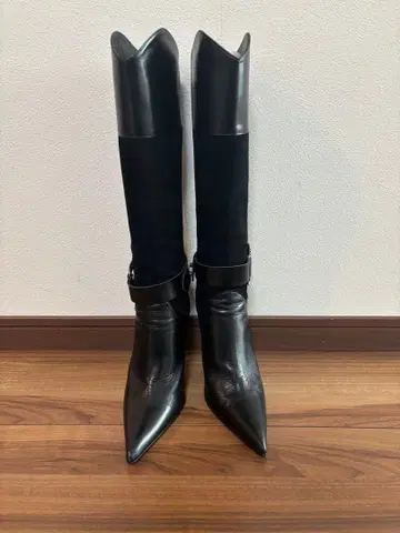 블랙 가죽 스웨이드 롱 부츠 하이힐