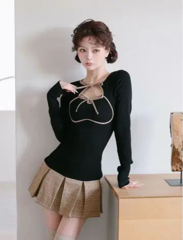 darich 포인트 체크 니트 미니 원피스