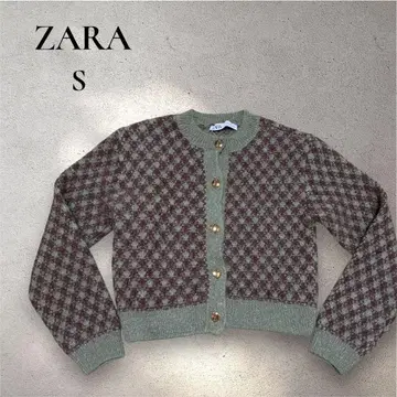 [ ZARA ] 니트 가디건 체크 무늬 골드 버튼
