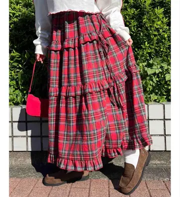 WC 체크 티어드 롱 스커트