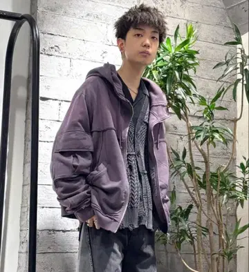 HARE 피그먼트 더블 포켓 ZIP 후드티 퍼플