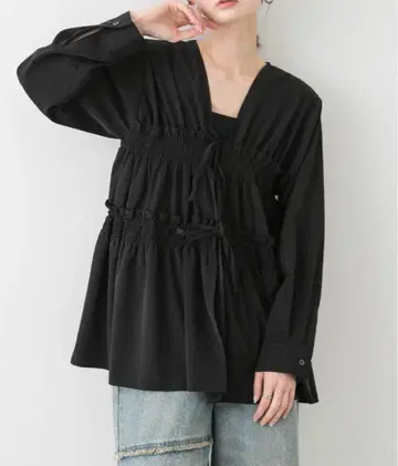 개더 리본 튜닉 블라우스