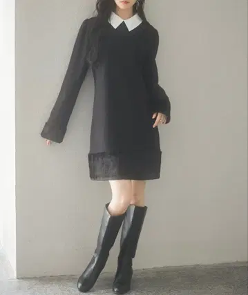 블랙 미니 원피스 화이트 카라 부착