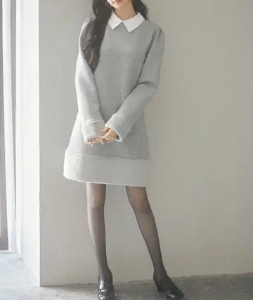 그레이 카라 부착 긴팔 미니 원피스 새상품