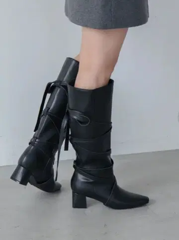 새상품 이볼 탈부착 가능 리본 롱 부츠 블랙 M