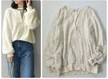 쉽스에니 레이스 니트 라이크 슬릿 풀오버 화이트