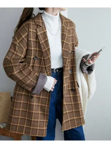 Discoat 체크 W 브레스트 재킷 베이지