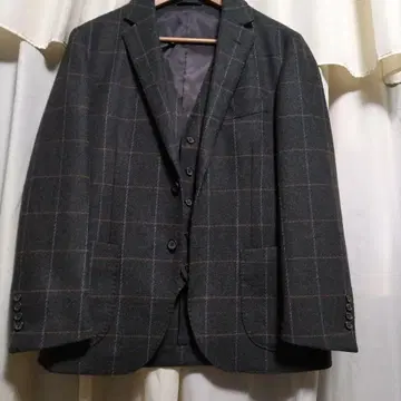 모스그린 체크 무늬 자켓 베스트 세트 앙상블