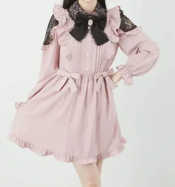 Ank Rouge 레이스 카라 리본 개더 원피스 핑크 양산 지뢰