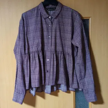 미즈이로 인드 버건디 체크 무늬 셔츠