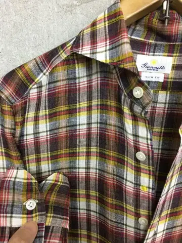 지아네토 새상품급 컷어웨이 린넨 체크 셔츠 사이즈 M