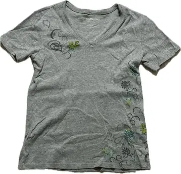그레이 V넥 T셔츠 꽃무늬 자수 Y2K