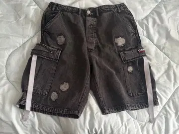 OVERPRINT L 블랙 카고 팬츠 데미지 가공