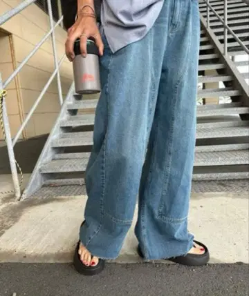 니코앤드 misayo 셀프 컷 데님 팬츠 블루 베이지