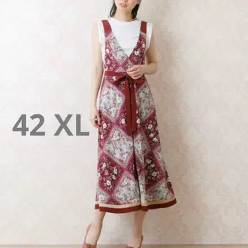 [컨디션 최상] 42 로즈 티아라 스카프 프린트 롱 원피스 꽃무늬 크림슨