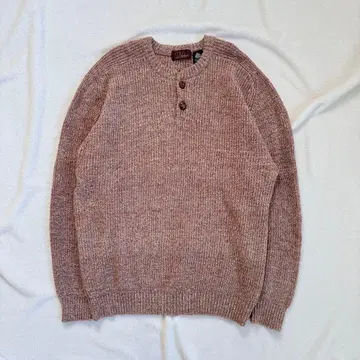 남성용 L 울 100% 헨리넥 니트 스웨터 붉은빛 브라운 멜란지